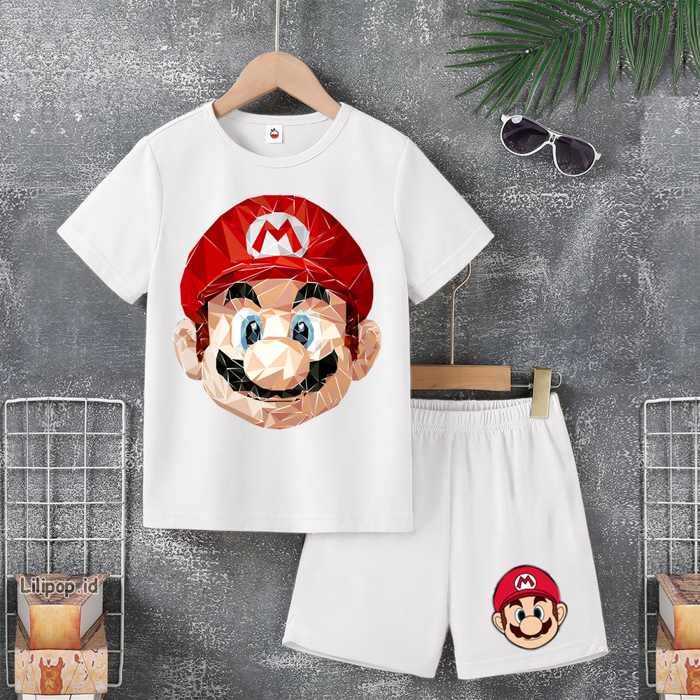 Baju Anak Stelan Usia 4-10 Tahun MARIO BROS Kaos 3/4 Cowok Cewek  Celana Pendek Harian