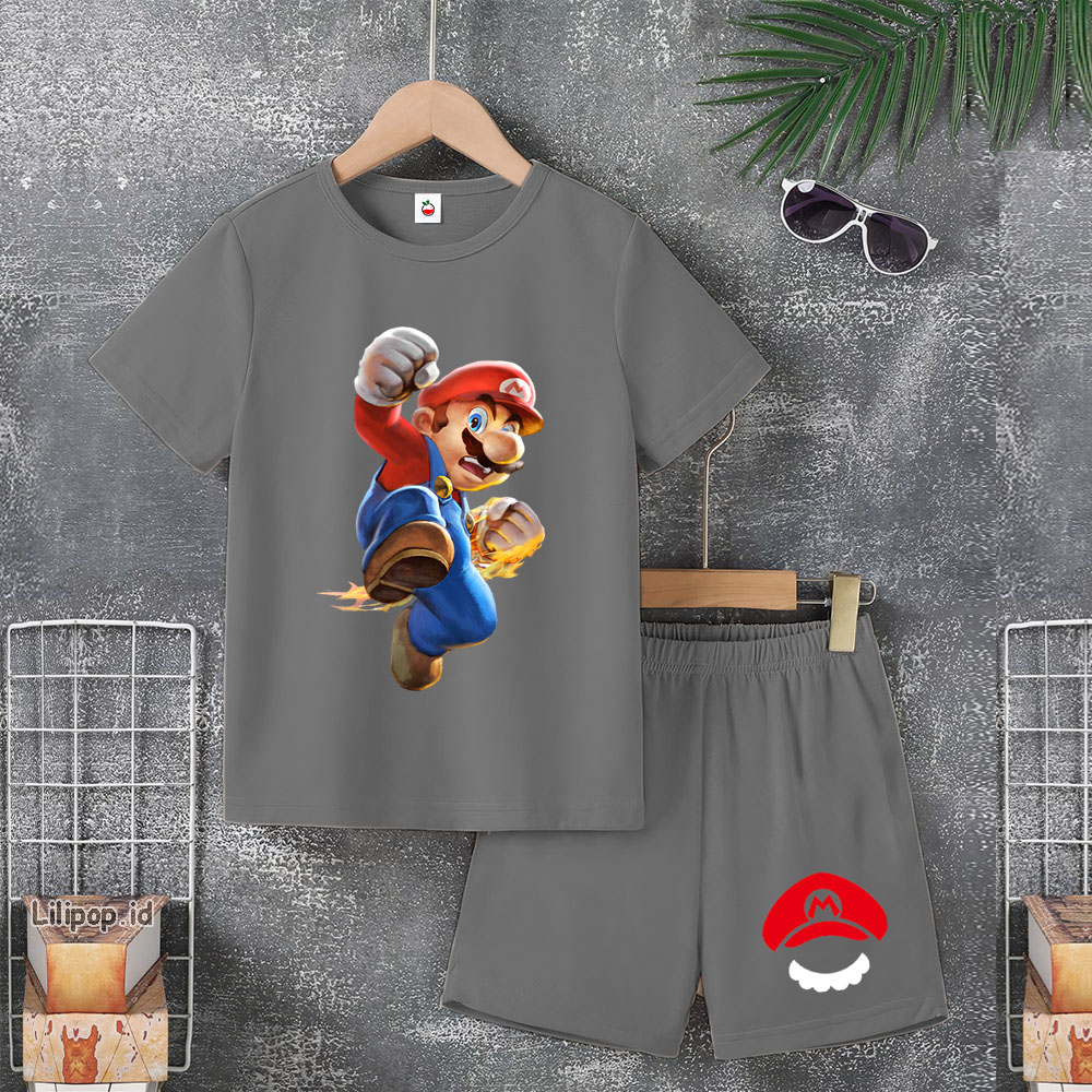 Baju Anak Stelan Usia 4-10 Tahun MARIO BROS Kaos 3/4 Cowok Cewek  Celana Pendek Harian