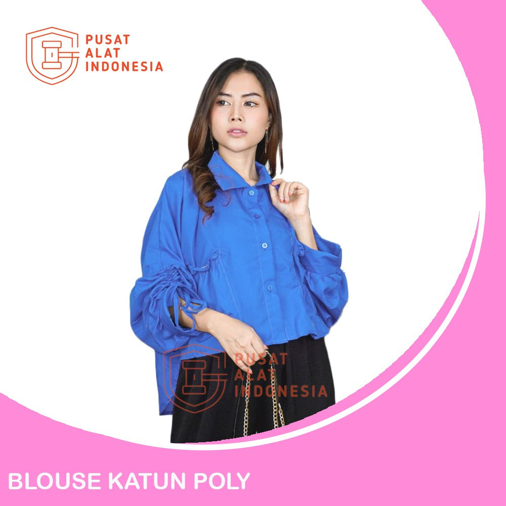 Blouse Wanita Katun Poly Lengan Panjang Kerut Saku Bw09pa