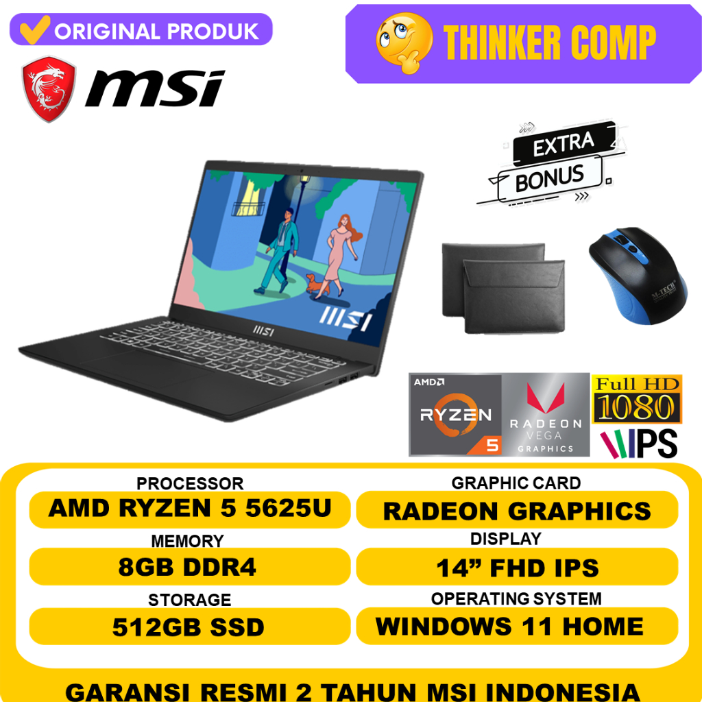 Laptop MSI Modern AMD Ryzen 5 5625U Ram 8GB 512GB SSD FHD IPS Backlight Win 11 Home