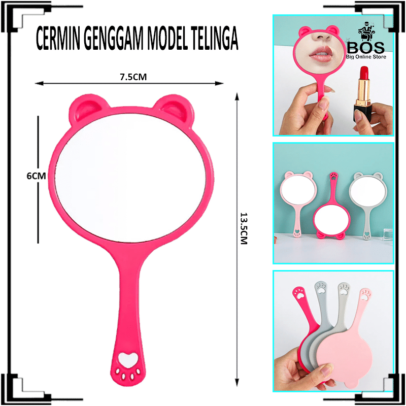 BOS - CERMIN RIAS MAKEUP DENGAN GAGANG / KACA GENGGAM PORTABLE MOTIF TELINGA