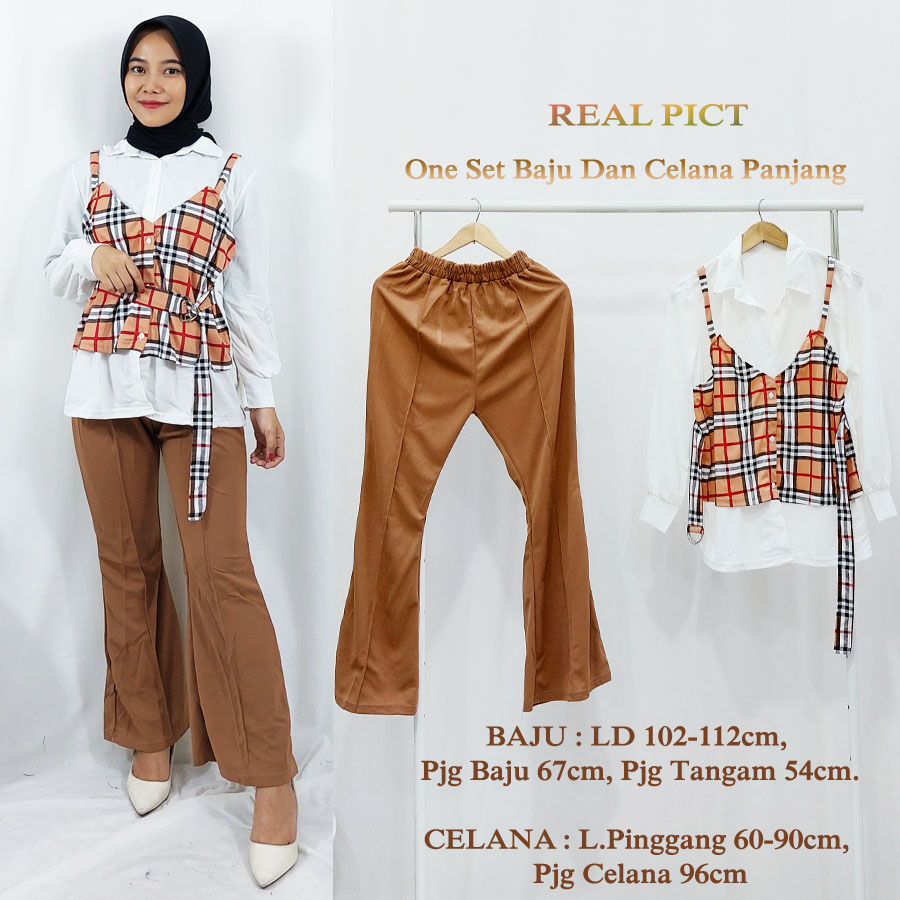 CARLINA ONE SET BLOUSE VEST KOTAK BBERRY DAN CELANA PANJANG ZUBRAY WANITAV