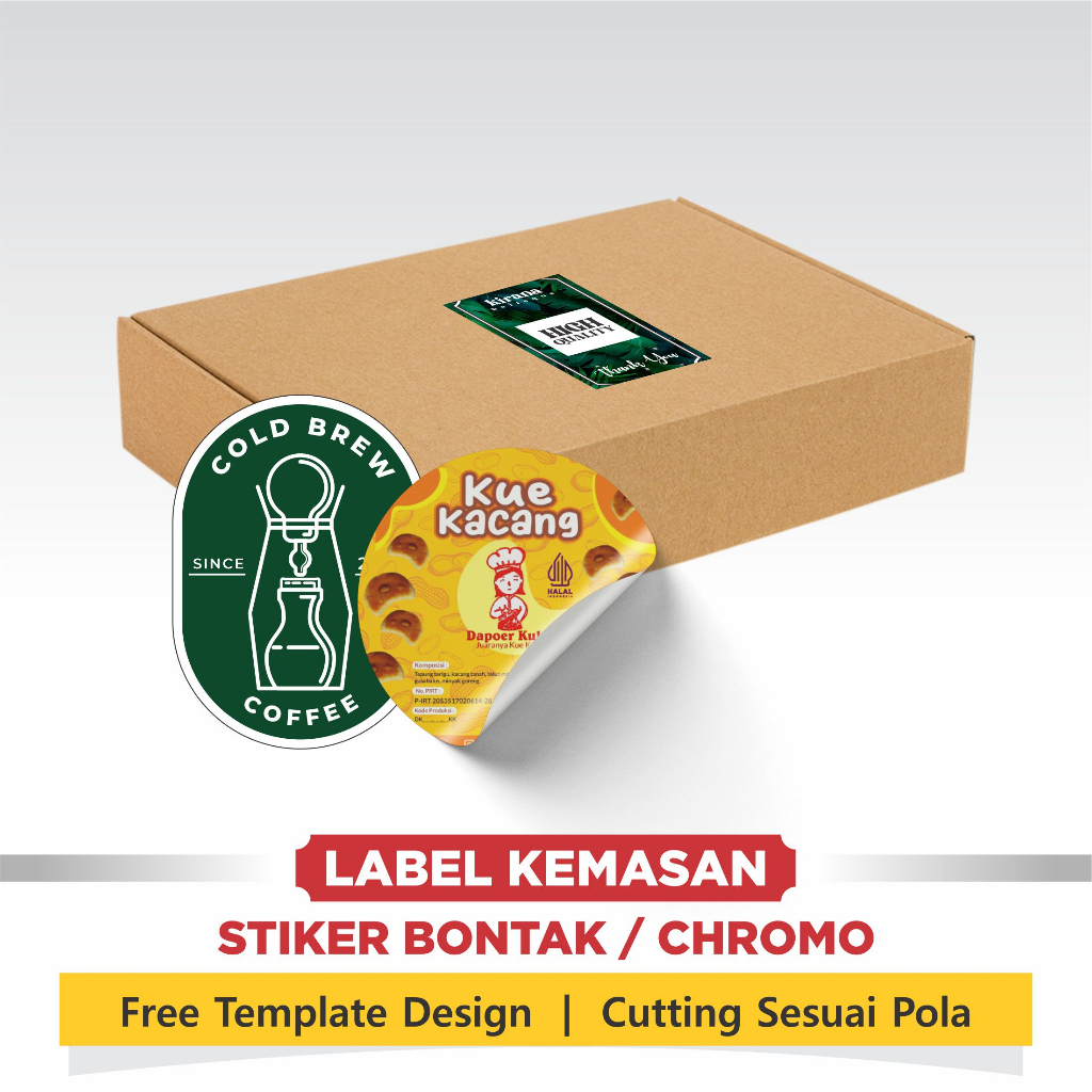 

CETAK STIKER LABEL KEMASAN PRODUK MAKANAN MINUMAN BAHAN CHROMO/BONTAK MURAH TINGGAL TEMPEL