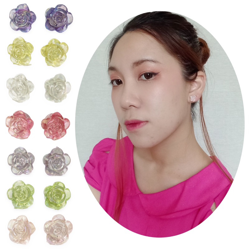Fella Rose Stud Earrings Anting Tusuk Bunga Mawar Holo Resin Hologram