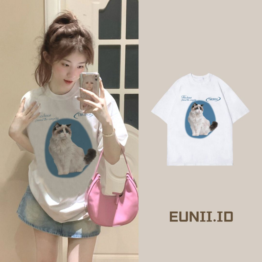 EUNII T-shirt Lengan Pendek Cartoon Biru Cat Korean Style/Kaos Atasan Wanita/Baju Kaus Oversize Wanita/Kaos Wanita