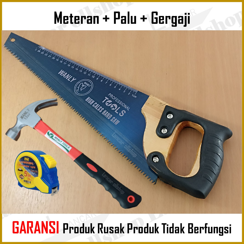 1 Paket Gergaji Gagang Kayu 18 inch / Gergaji Tangan / Gergaji Tukang Meteran Auto Stop 5 M Palu Kambing Gerigi Magnet 12 Oz