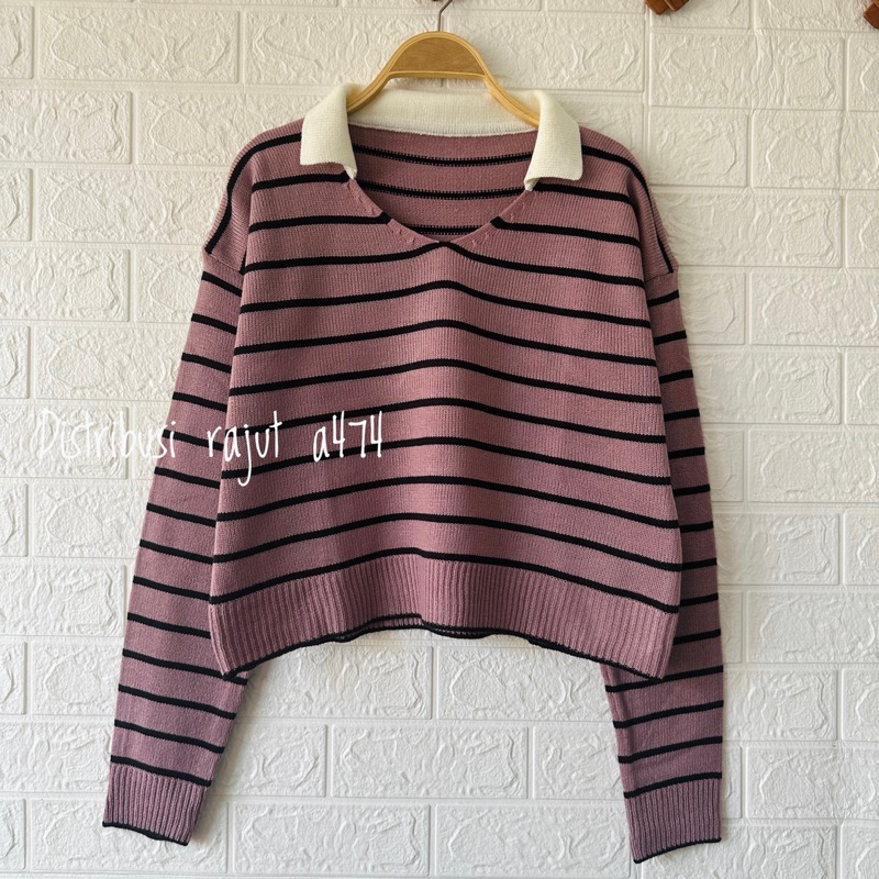 A5 POLO SWEATER RAJUT STIRIPPE BLASTER KERAH ATASAN WANITA KOREA