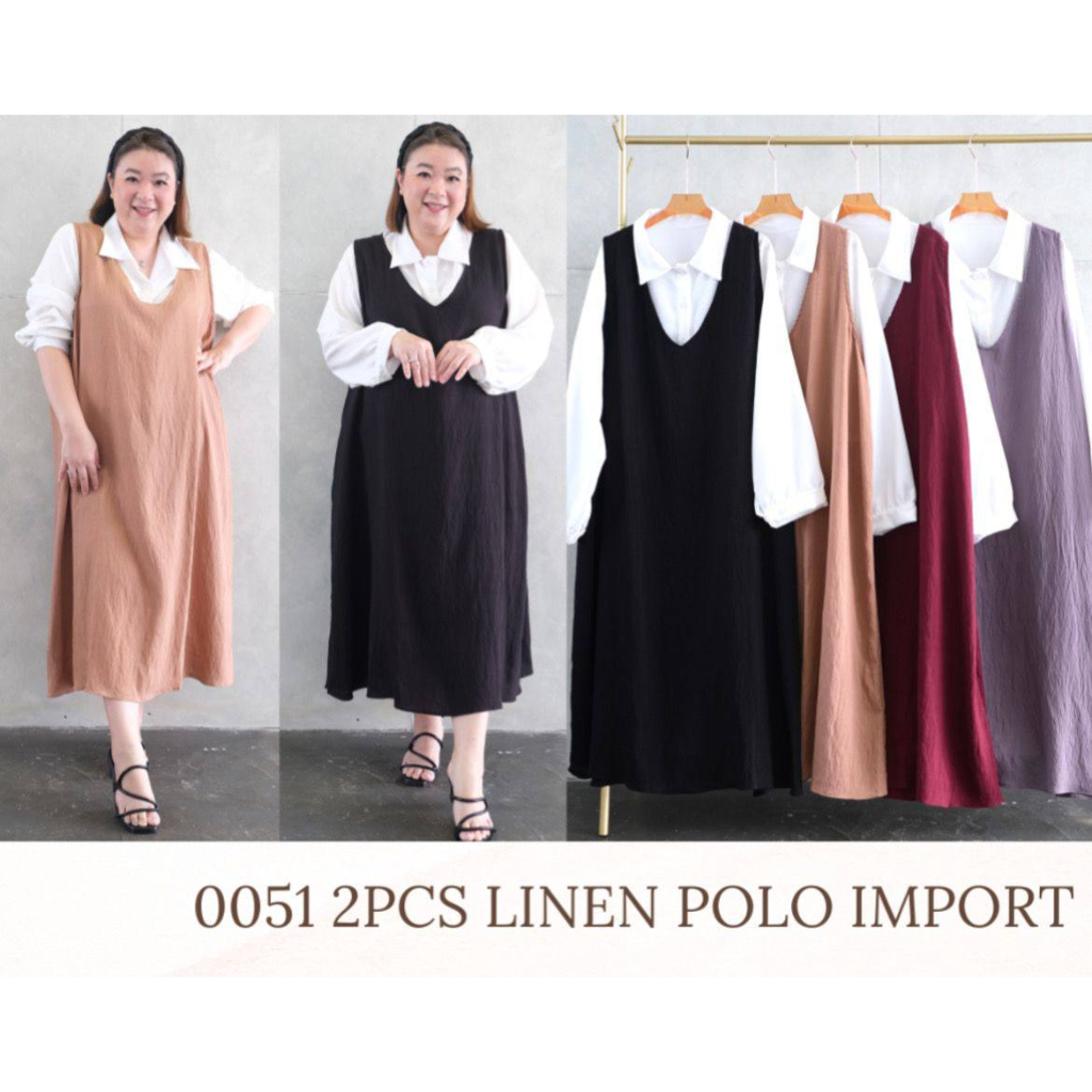 JUMBO 0051 GRACE 2PCS SETELAN TOP + DRESS BIGSIZE MATERIAL LINEN POLO IMPORT FIT TO XXL