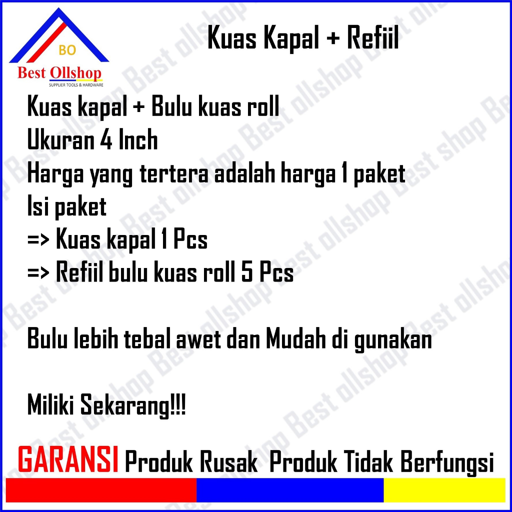 Termurah! Isi Kuas Cat Roll Kecil Bulu Refill Kuas Roll Kapal 4&quot; Inch Panjang 10 Cm + Kuas Kapal 1 Paket