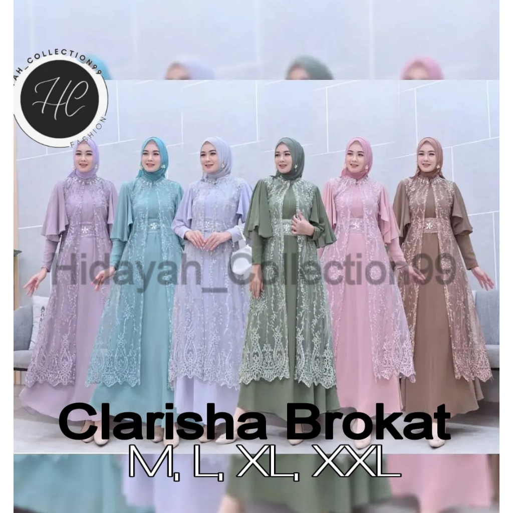 Gamis kondangan terbaru 2023 mewah kekinian jumbo CLARISHA dress Bahan Ceruty Babydoll Mix Aouter Brukat Gamis Pesta Fashion Wanita Muslimah Gamis 2 in 1 Dress Set Aouter Misah Aplikasi Brukat mewah