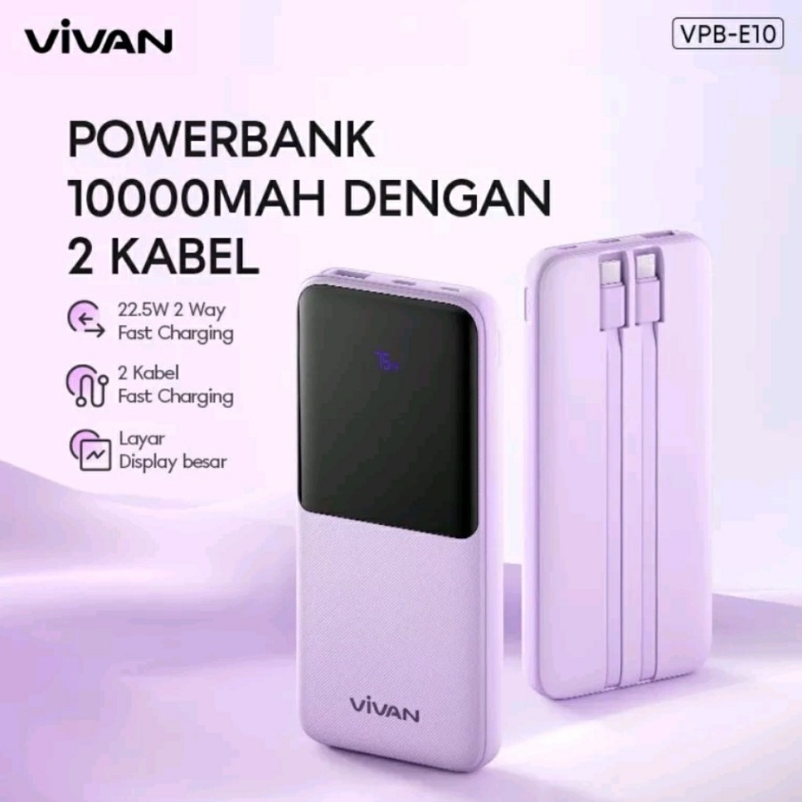 Power Bank Vivan VPB-E10 Warna Lilac 10000mAh 22.5W PD QC 3.0 Fast Charging