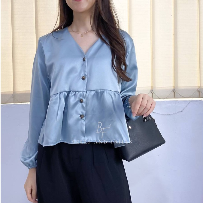 FELICIA V Neck Blouse - Atasan Satin Longsleeve / Atasan Casual Korean Look 0432