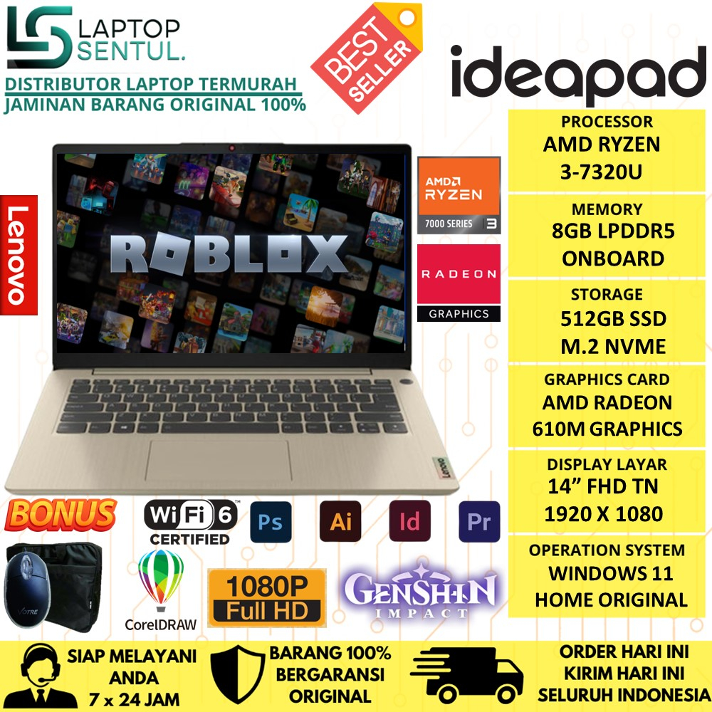 LENOVO IDEAPAD SLIM 1 14 RYZEN 3 7320U RAM 8GB DDR5 512GB SSD 14 FHD WIN 11 FREE OFFICE OHS