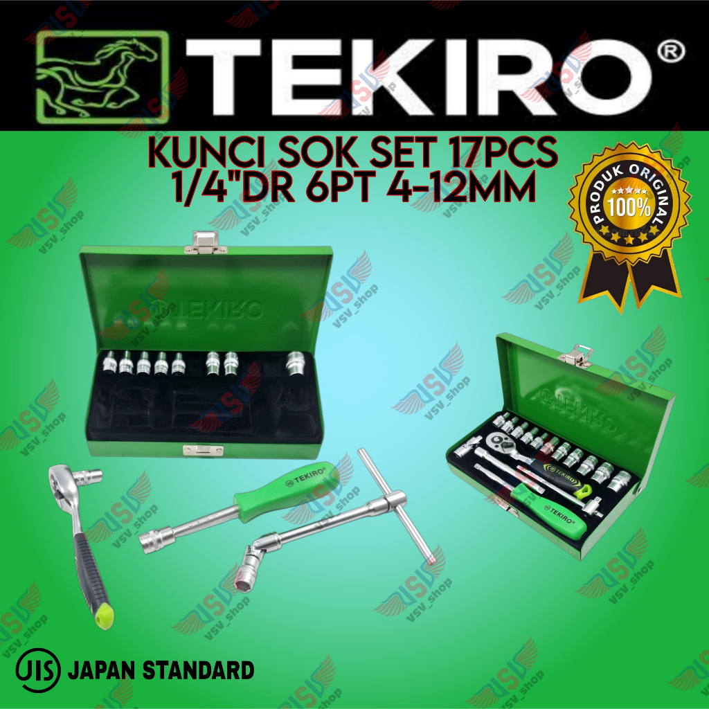 Tekiro hand socket set 17 pcs 6 pt 1/4&quot; 4-12mm kunci sok set