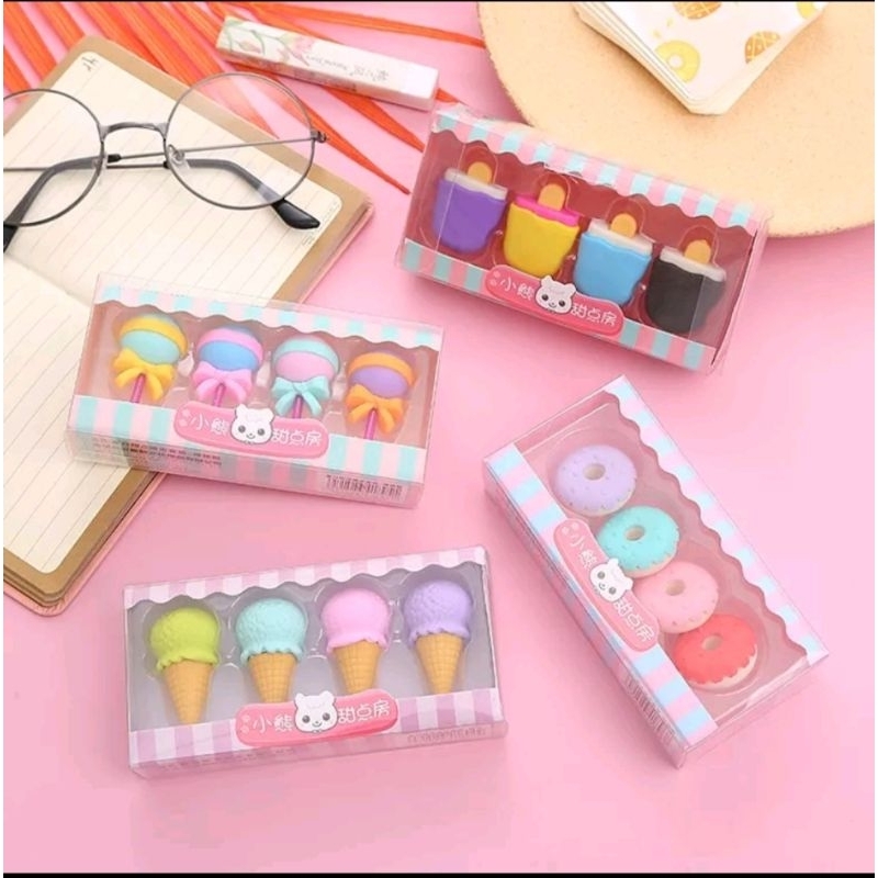 penghapus cute 4pcs / set bentuk es cream lolipop lucu