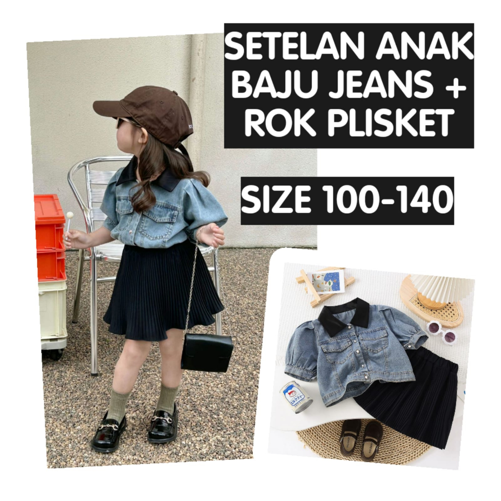 (LOLI-JKT) BS- 456 SETELAN ANAK JEANS ROK CELANA PLISKET SIZE 100-140