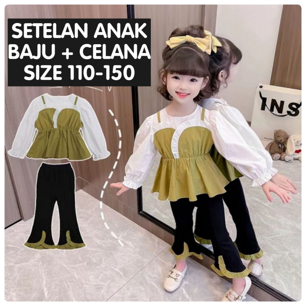 (LOLI-JKT) BS- 461 SETELAN ANAK IMPORT HIJAU CELANA HITAM SIZE 110-150