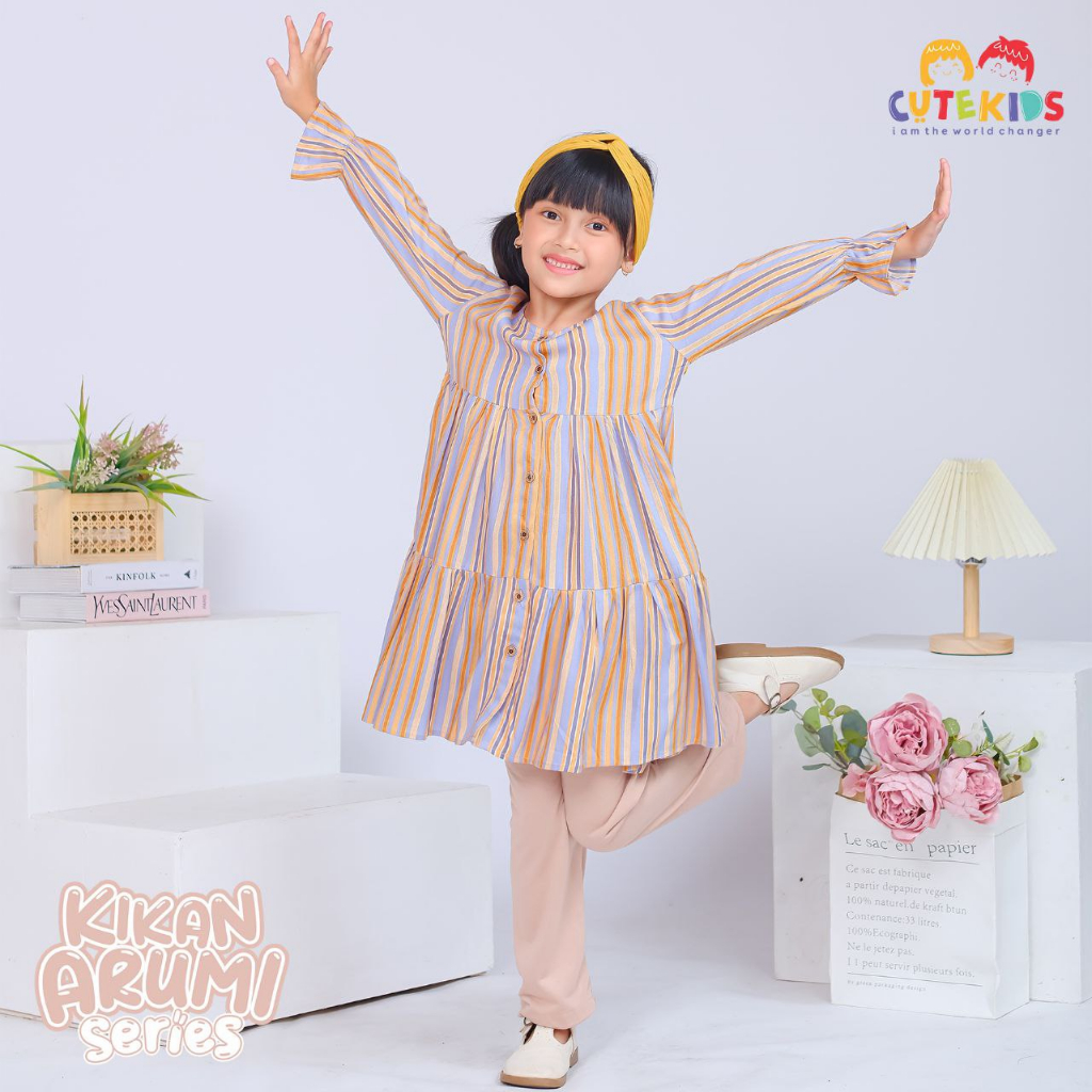 Nauree - Setelan Tunik Kkan Arumi Baju Anak Perempuan Bahan Katun Rayon Printing Full Kancing Hidup Crickle Airflow Premium Import Korea Ukuran S M L XL Warna Ungu Pink Hijau Coklat Motif Lucu Warna Warni Coral Magenta Tosca Setcel Terbaru Kekinian