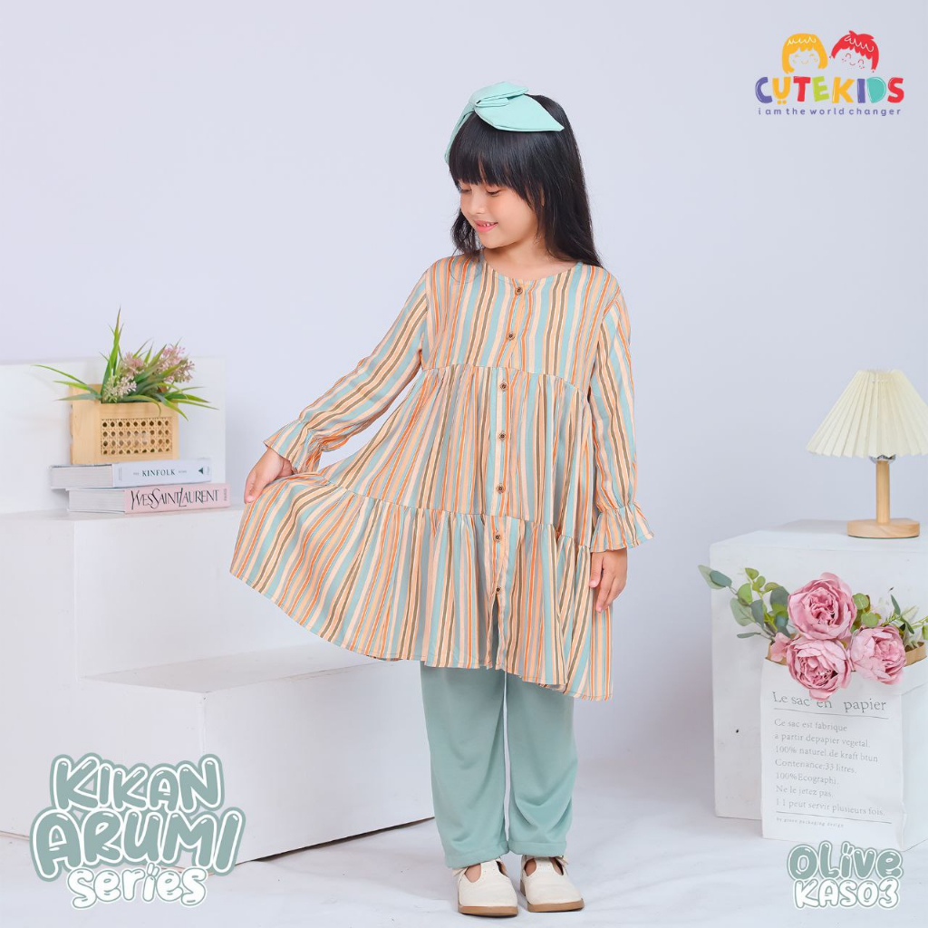 Nauree - Setelan Tunik Kkan Arumi Baju Anak Perempuan Bahan Katun Rayon Printing Full Kancing Hidup Crickle Airflow Premium Import Korea Ukuran S M L XL Warna Ungu Pink Hijau Coklat Motif Lucu Warna Warni Coral Magenta Tosca Setcel Terbaru Kekinian