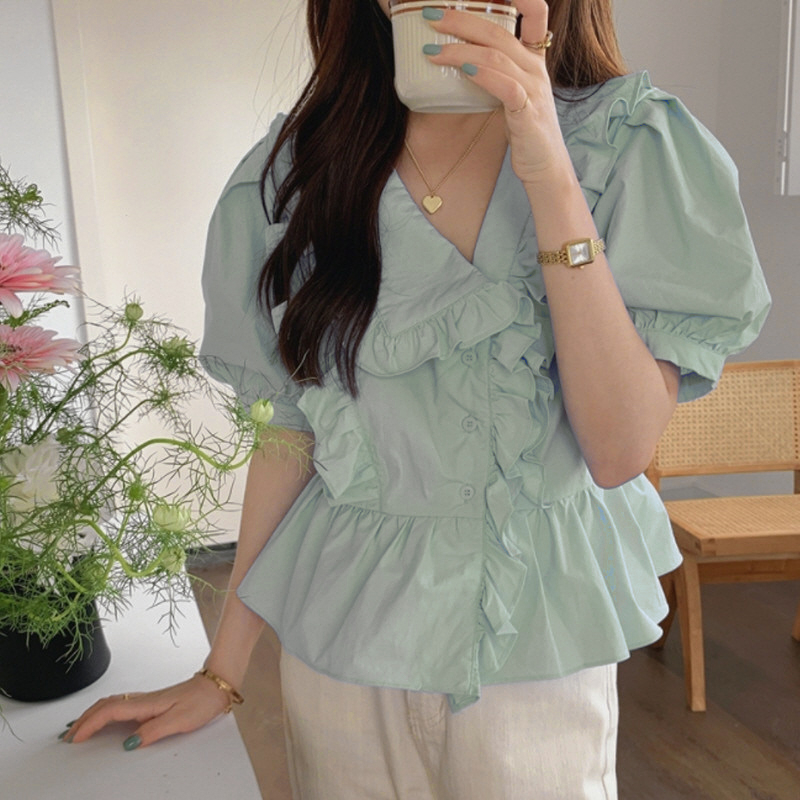 MOOGU ♡ Kemeja korea blouse kerah tidak beraturan atasan wanita