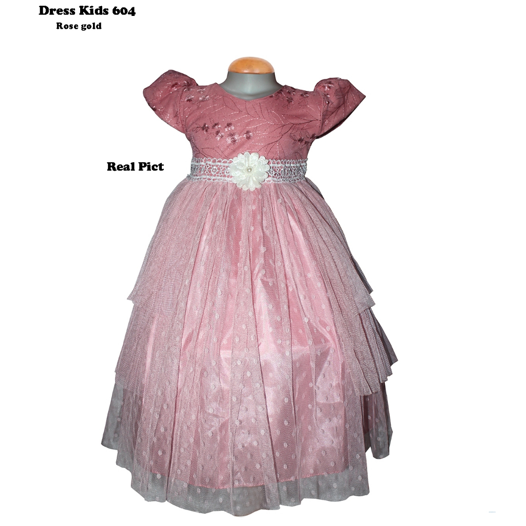 TGO- Gaun Pesta Anak Brukat tile Dot / Dress tutu anak Perempuan ada bunga tempel cantik / Vd066