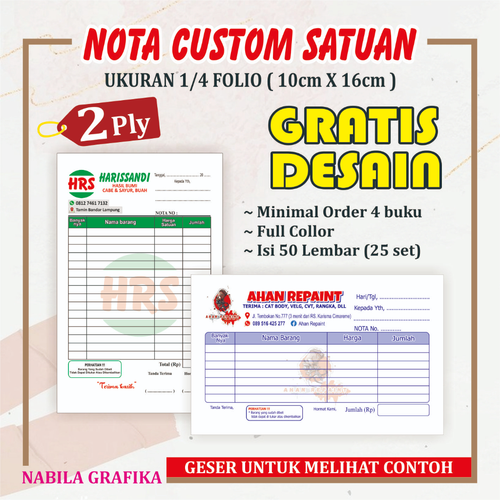 

PROMO cetak nota custom murah 2 ply ukuran sedang 1/4 folio