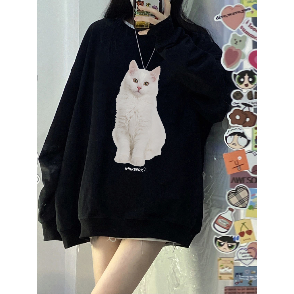 EUNII Sweater Lengan Panjang Cartoon Putih Cat Printing Korean Style/Sweater Crop/Baju Wanita/Switer Wanita/Switer