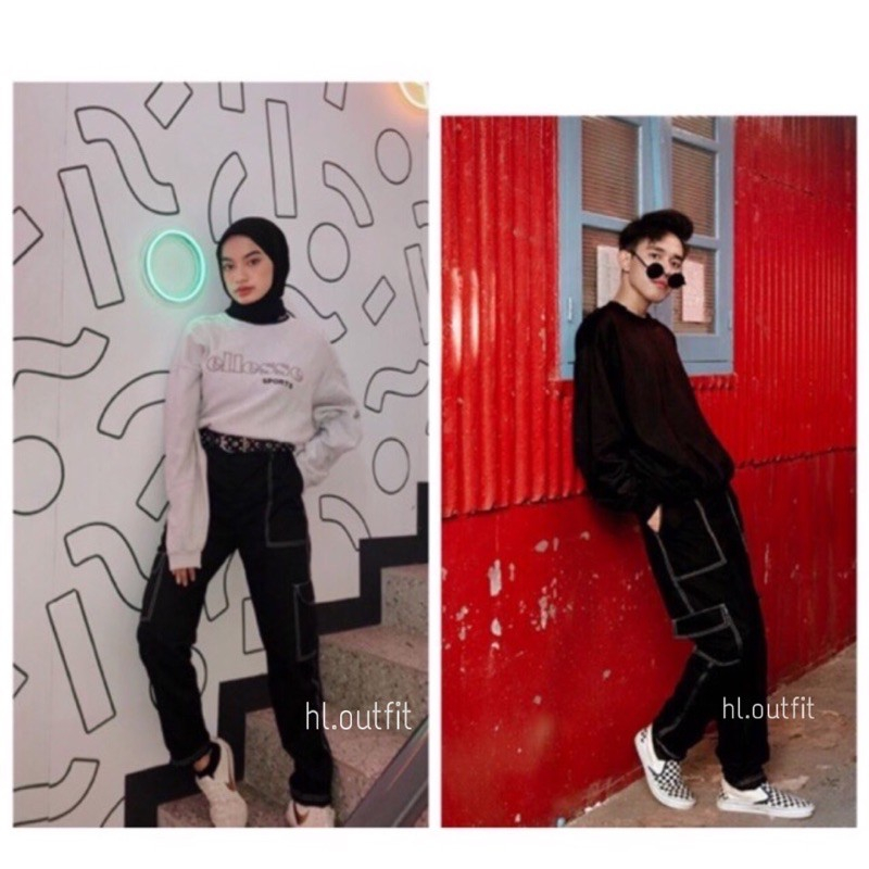 Kulot Jeans Cargo High Rubber Waist Black List HL Trendy Outfit Kekinian