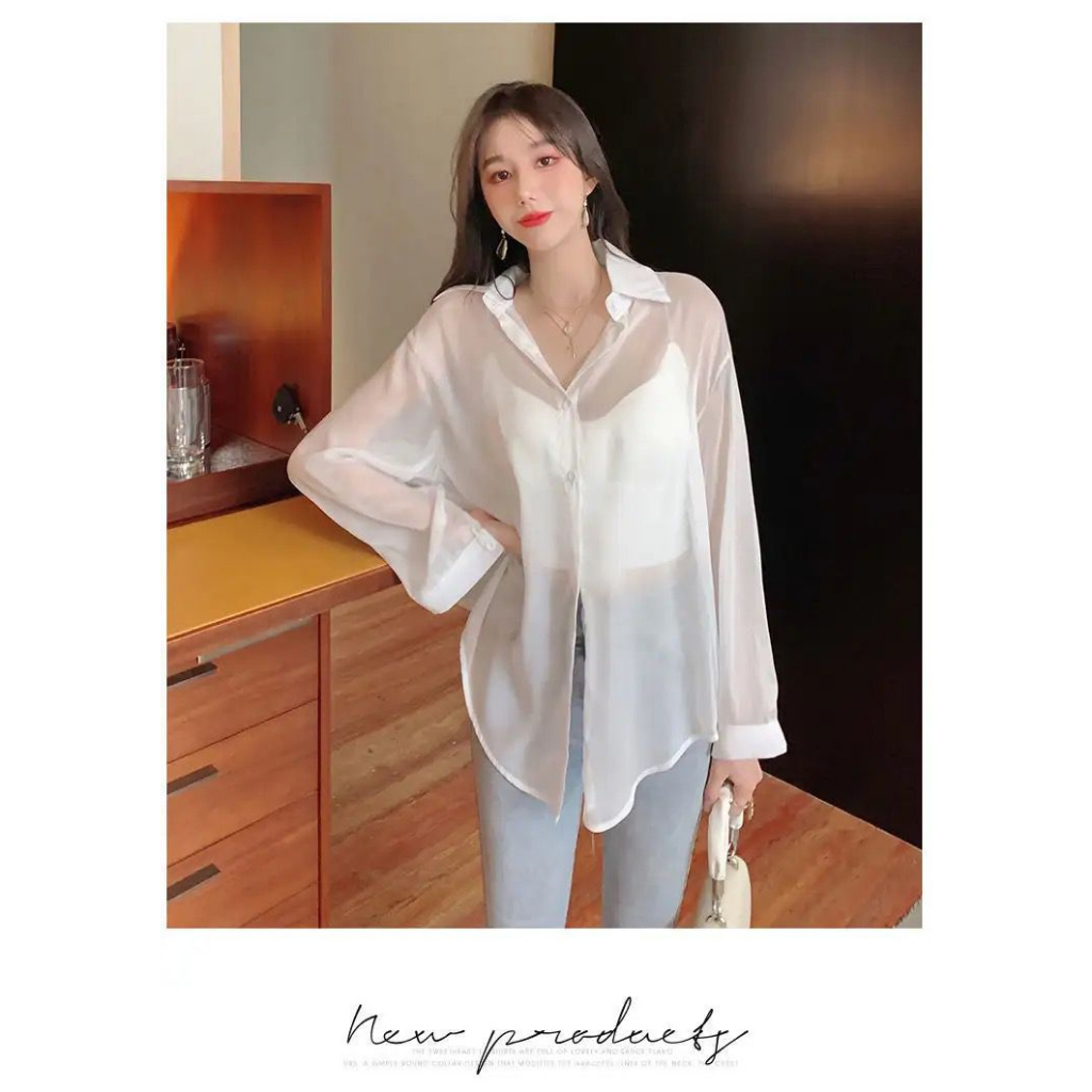 Toply shop Kemeja transparan / kemeja korean style / Kemeja oversize lengan panjang