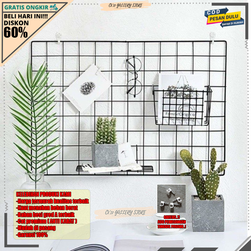 Promo Hijang 52X35 Hiasan Dinding Wall Grid Black Grid Wire Mesh Notes Pajangan Foto Keranjang Besi Rak Gantung Tempat penyimpanan Pajangan Dekorasi Dinding Dingding Tembok Tempel Ruang Tamu Kamar Tidur Cewek Kayu Susun Rumah Minimalis Serbaguna Murah