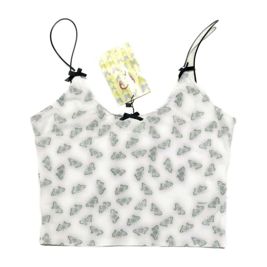Omighty Butterfly Bow Coquette White Crop Tank Top Silky Satin y2k Kupu Kupu graphic full print sabl