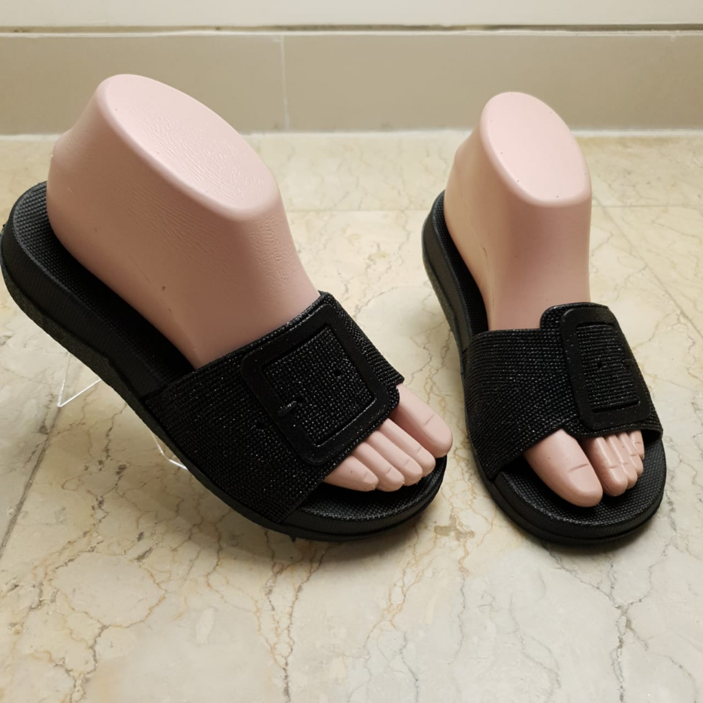 Sandal Slop Platform Wanita Motif Gesper gliter Import LCR 1027-1 36-40