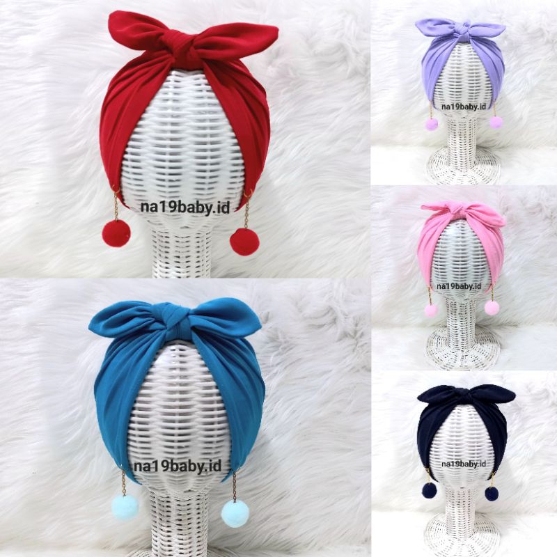 Turban Bayi pita Kelinci ANTING POMPOM / Topi Anak Perempuan