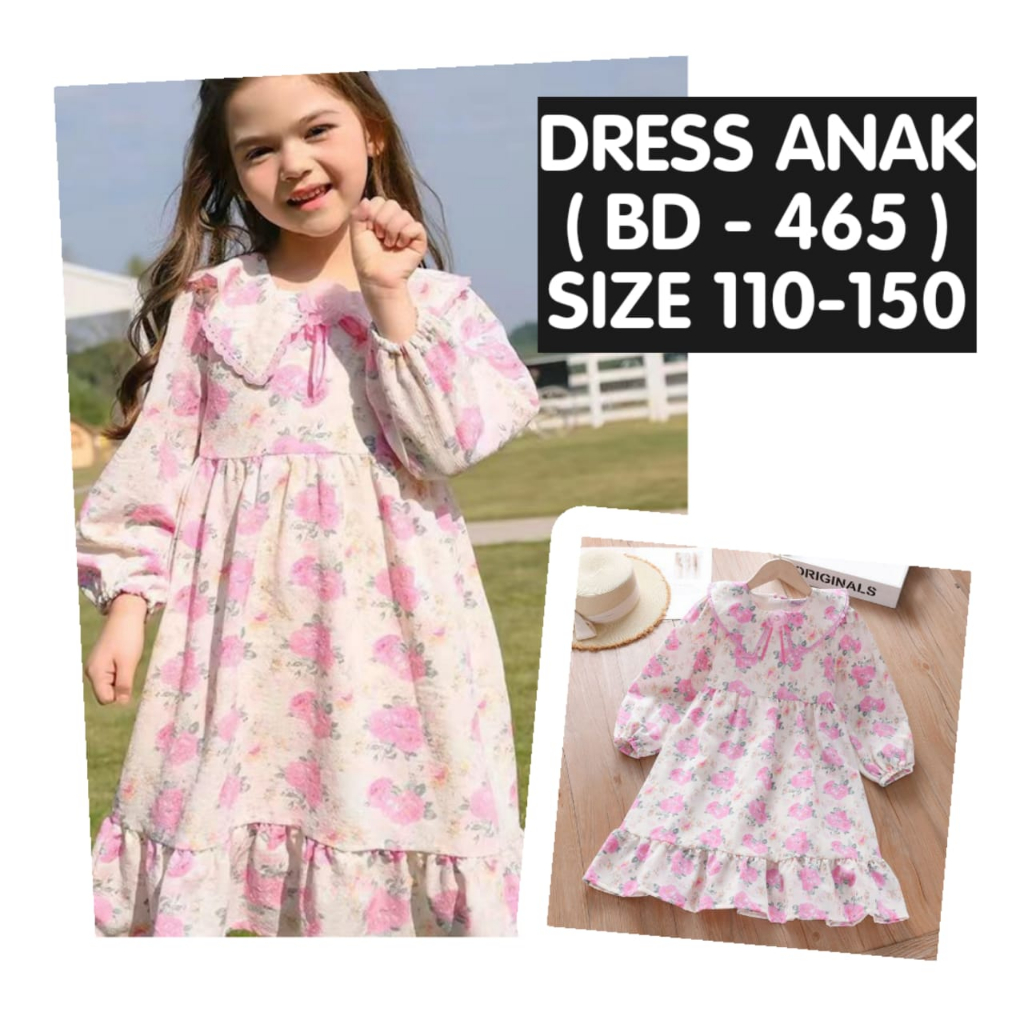 (LOLI-JKT) BD- 465 DRESS ANAK IMPORT FULL BUNGA FREE PIN SIZE 110-150