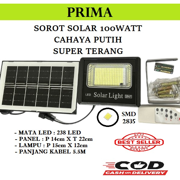 Lampu Sorot Solar 100Watt Lampu Led Tenaga Matahari / Lampu Panel Surya / Lampu Tembak Solar Cell- Cahaya Putih