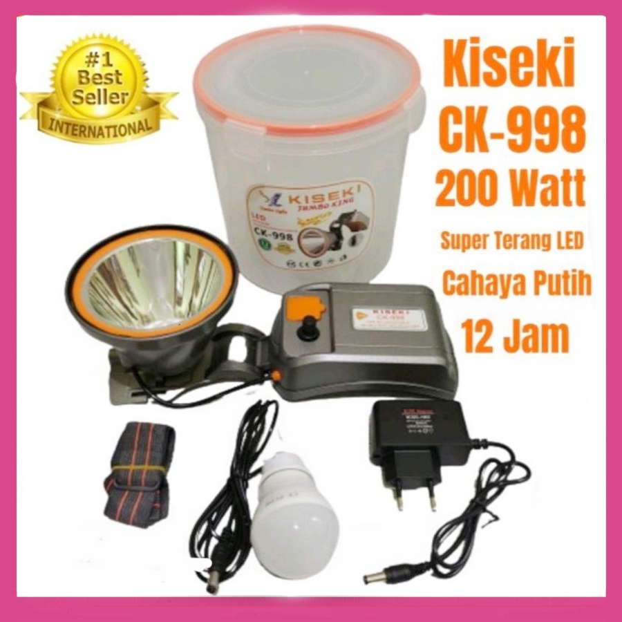 Senter Kepala LED Super Terang Kiseki 200 Watt CK-998 Jumbo King Bonus Bohlam LED Senter Kepala Cas
