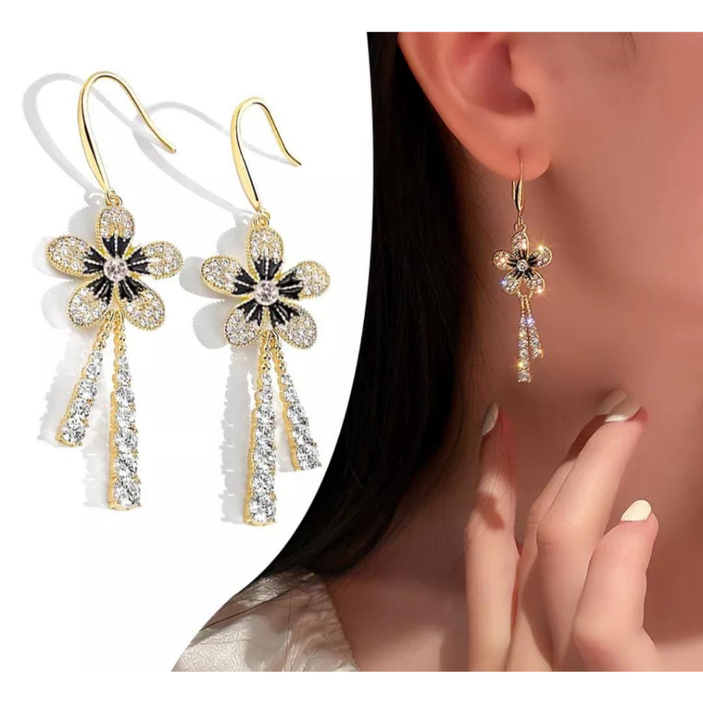 DHIO - Anting anting bunga kristal panjang juntai