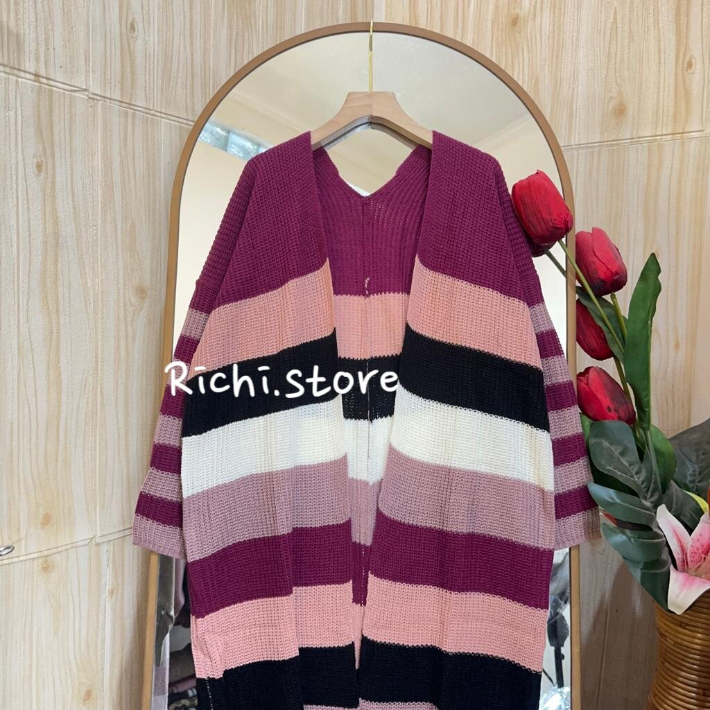 Renata long outer cardigan rajut wanita korean style motif garis