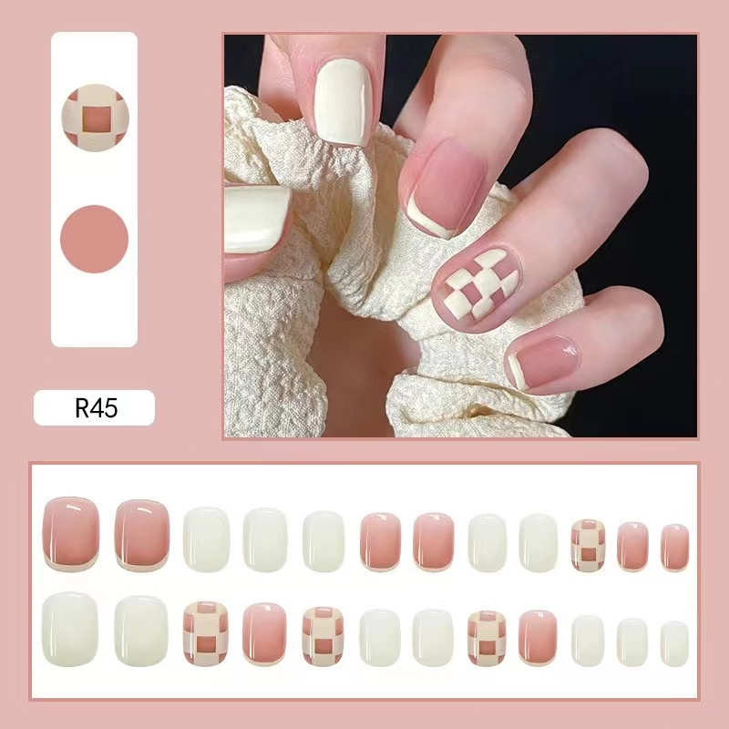 24 pcs +free lem kuku palsu bentuk papan catur motif kuku Sederhana dan klasik nail art