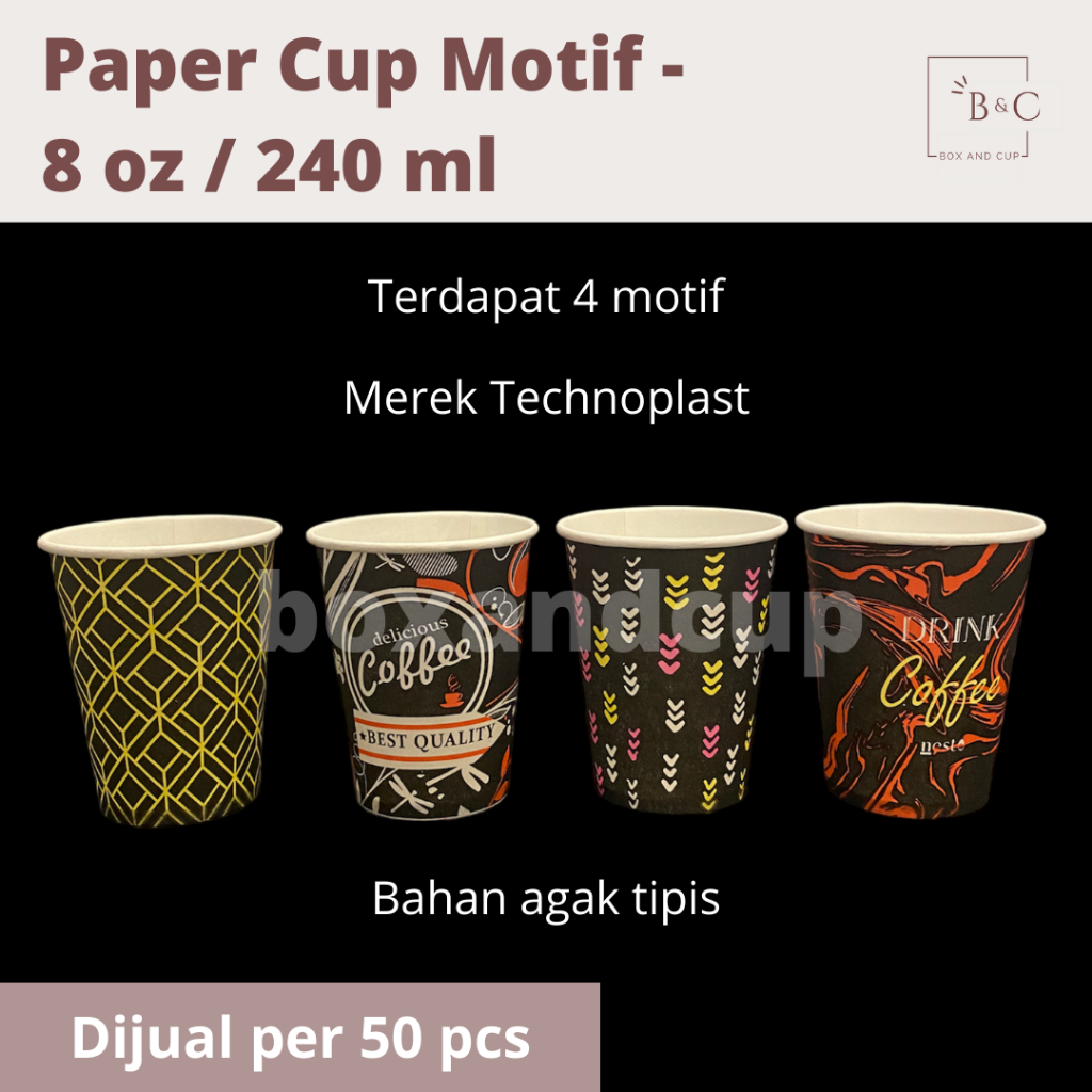 Paper Cup / Gelas Kertas Panas Polos & Motif dan Tutup Murah / Kopi Coffee / Teh Tea / Ukuran 8oz / 