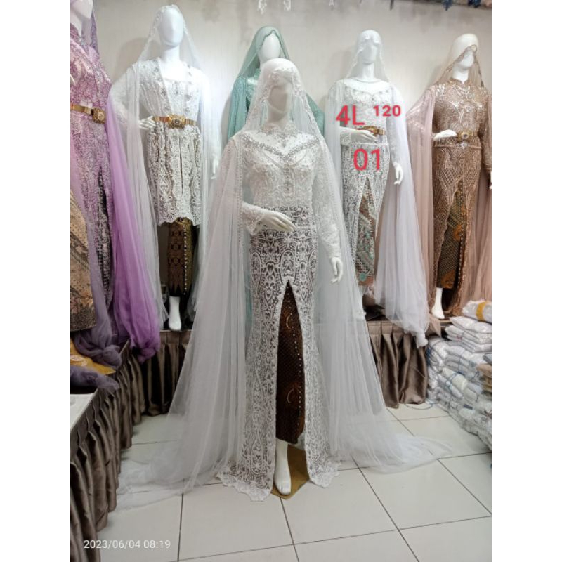 kebaya pengantin akad nikah full Payet depan belakang mobil belah satu set rok selayer bahu kerudung)