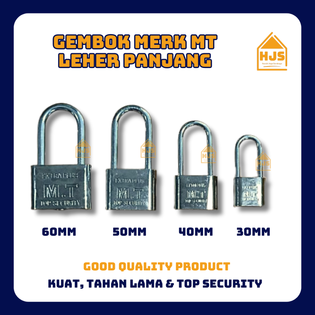 Gembok Pintu / Gembok Pagar Leher Panjang Ukuran 30-60 mm Merk M.T | Gembok Pagar Anti Karat Air Mal