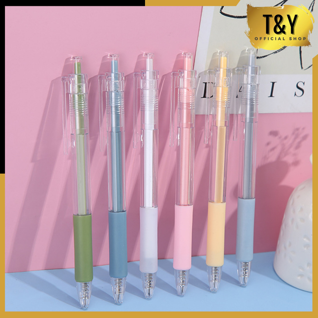 T&amp;Y Pulpen Cetekan Transparant Pastel Polos Pena Gel 0.5mm Tinta Hitam Alat Tulis Sekolah Kantor Pen Warna Warni Bolpoint Polos Murah Import