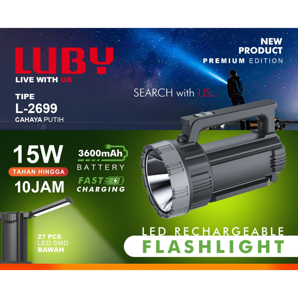 Senter Lampu LED Luby L-2699A 15 watt cas ulang