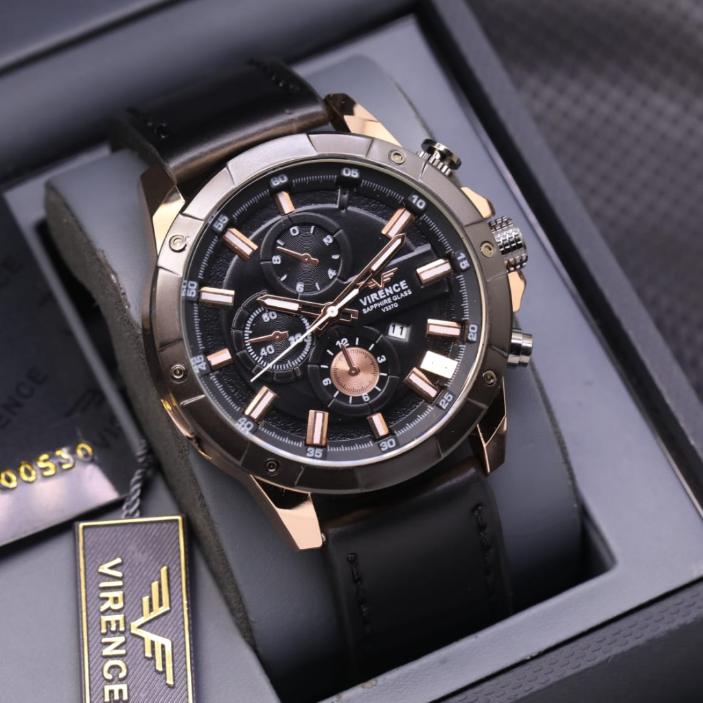 JAM TANGAN PRIA VIRENCE LS - 023 TALI KULIT CHRONO VARIASI TANGGAL AKTIF