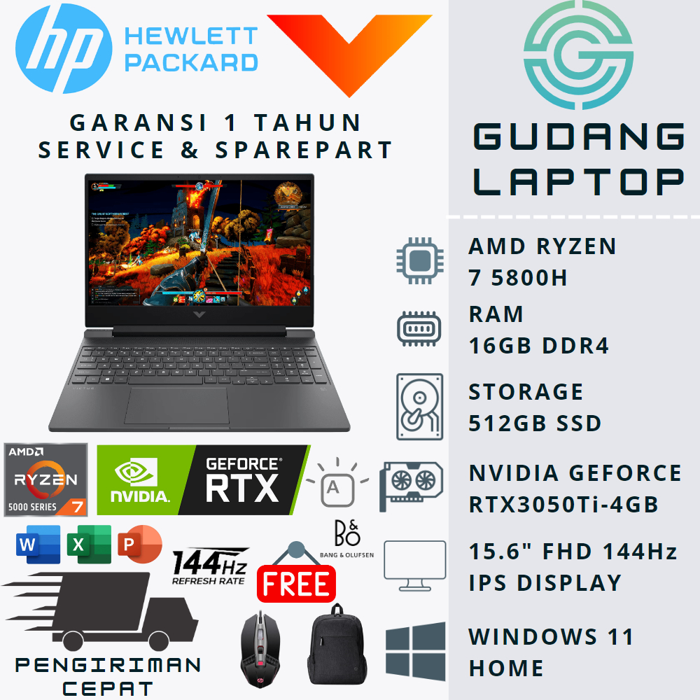 LAPTOP GAMING HP VICTUS 15 AMD RYZEN 7 5800H RAM 16GB SSD 512GB RTX3050Ti FHD WIN11