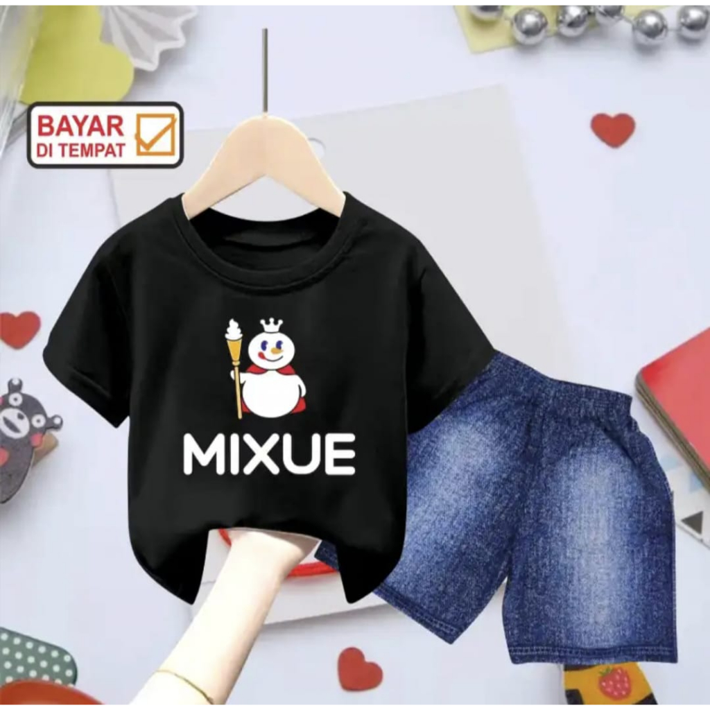 Setelan Baju Viral UNISEX Anak//Setelan Baju Celana Pendek Denim Mixue 1-6 Tahun