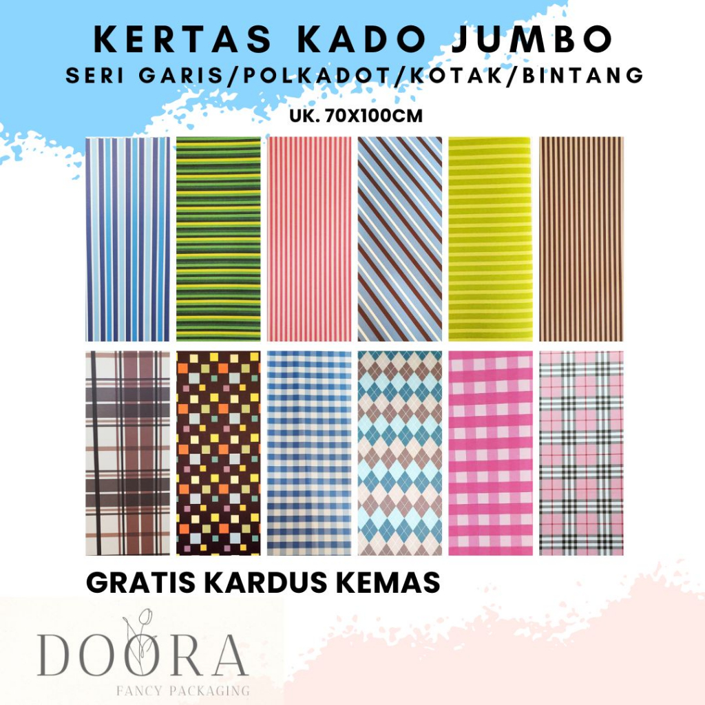 

Kertas Kado Wrapping Paper Premium ukuran Jumbo Seri Garis/Polkadot/Kotak/Bintang