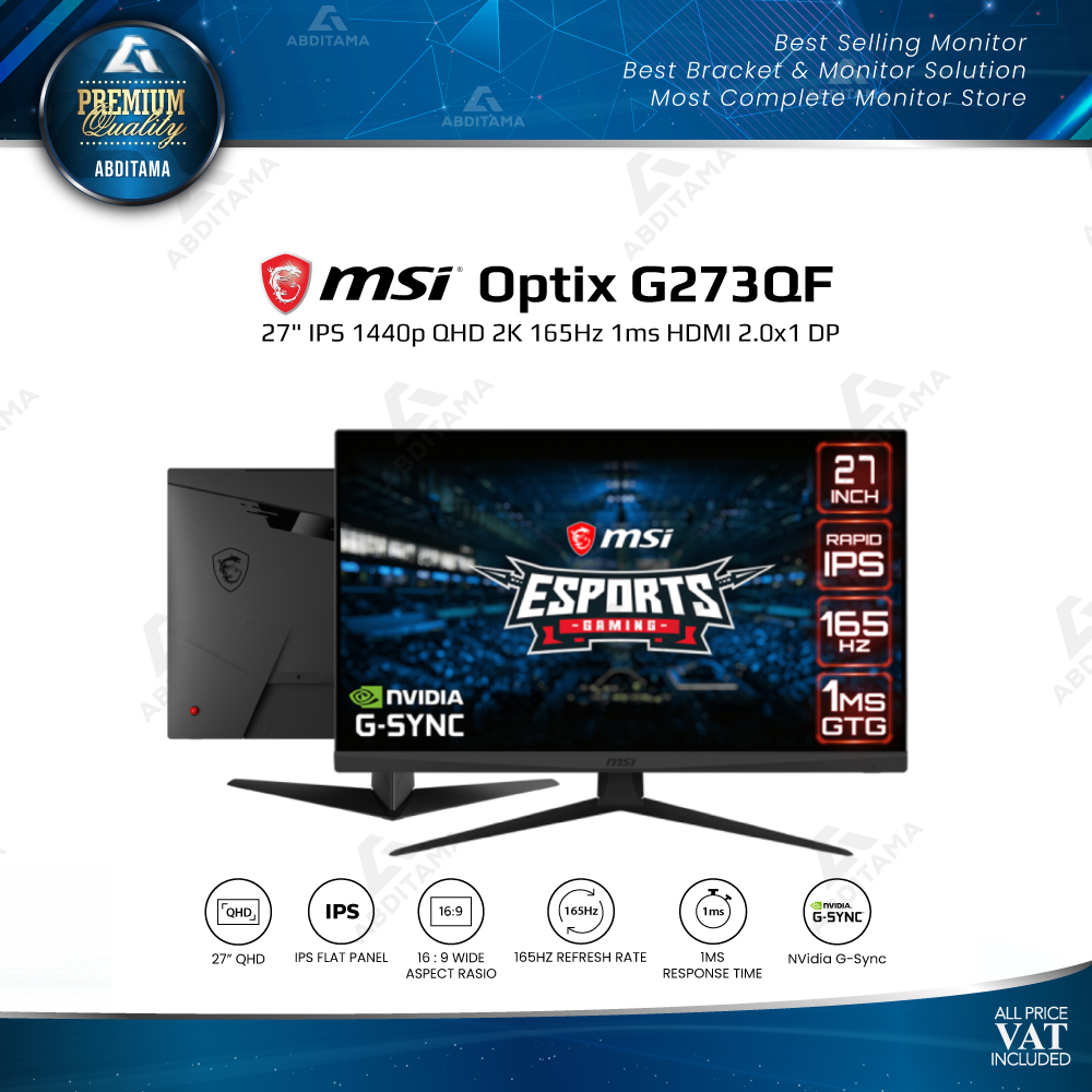 Monitor LED MSI G273QF 27&quot; IPS 1440p QHD 2K 165Hz 1ms HDMI 2.0x1 DP