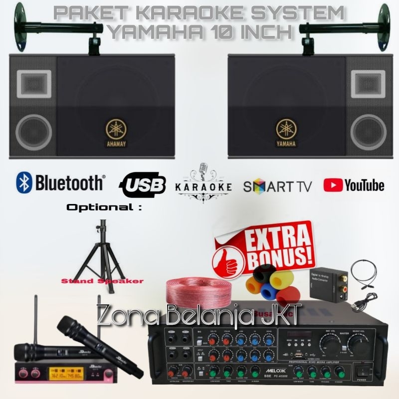 PAKET SOUND KARAOKE SPEAKER YAMAHA 10 INCH AMPLI USB BLUETOOTH MIC WIRELESS